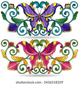 A set of stained glass illustrations with compositions of butterflies and flowers, isolated on a white background