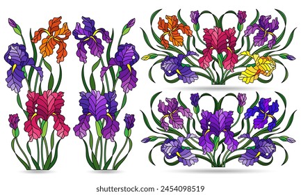 A set of stained glass illustrations with compositions of iris flowers, isolated on a white background