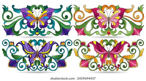 A set of stained glass illustrations with compositions of butterflies and flowers, isolated on a white background