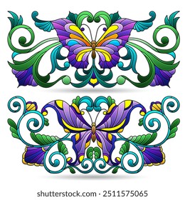 A set of stained glass illustrations with compositions of butterflies and flowers, isolated on a white background