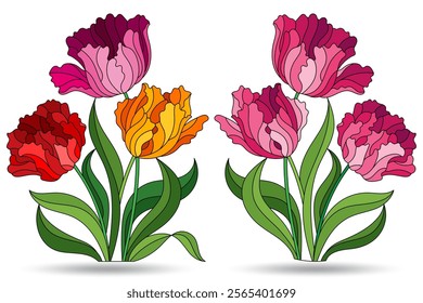 A set of stained glass illustrations with compositions of tulips, flowers isolated on a white background