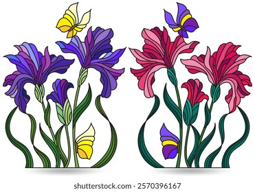 A set of stained glass illustrations with compositions of iris flowers, isolated on a white background