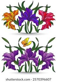 A set of stained glass illustrations with compositions of iris flowers, isolated on a white background