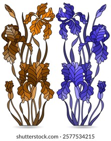 A set of stained glass illustrations with compositions of iris flowers, isolated on a white background, tone blue and brown