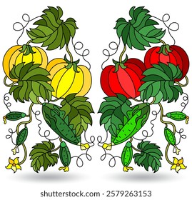 A set of stained glass illustrations with compositions of vegetables, plants isolated on a white background