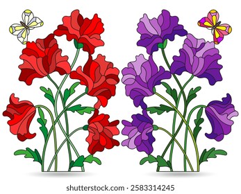 A set of stained glass illustrations with compositions of poppies and butterflies, isolated on a white background