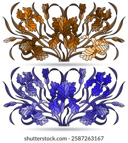 A set of stained glass illustrations with compositions of iris flowers, isolated on a white background, tone blue and brown