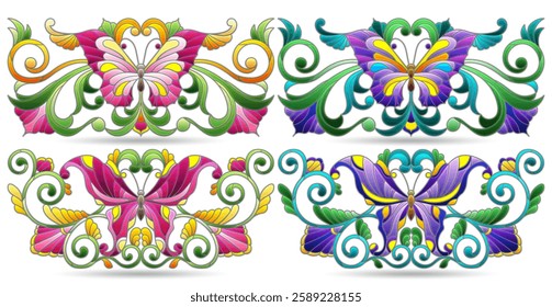 A set of stained glass illustrations with compositions of butterflies and flowers, isolated on a white background