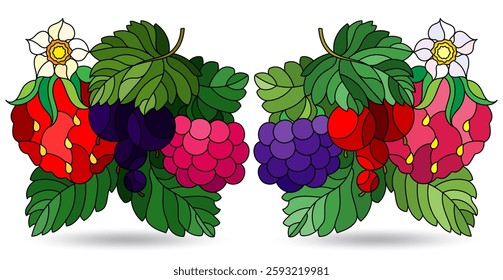 A set of stained glass illustrations with compositions of berries and leaves, isolated on a white background