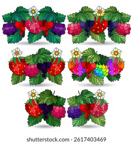 A set of stained glass illustrations with compositions of berries and leaves, isolated on a white background