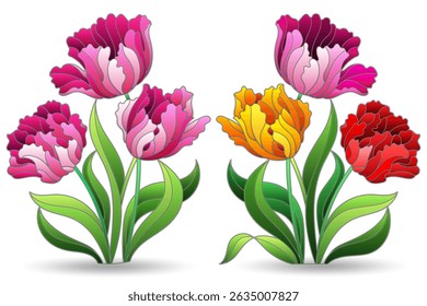 A set of stained glass illustrations with compositions of tulips, flowers isolated on a white background