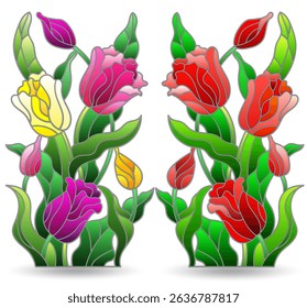 A set of stained glass illustrations with compositions of tulips, flowers isolated on a white background