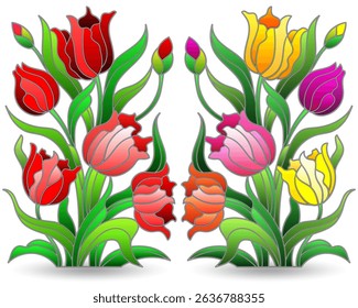 A set of stained glass illustrations with compositions of tulips, flowers isolated on a white background