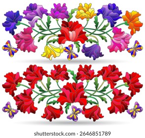 A set of stained glass illustrations with compositions of poppies and butterflies, isolated on a white background