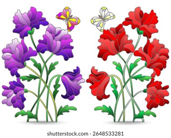 A set of stained glass illustrations with compositions of poppies and butterflies, isolated on a white background