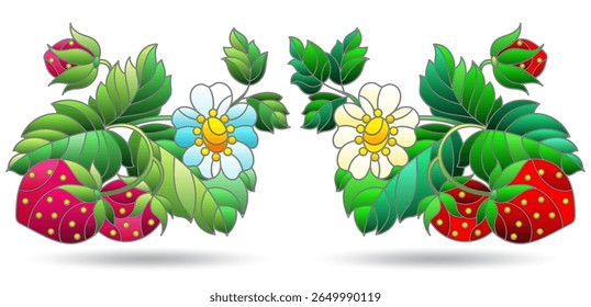 Um conjunto de ilustrações de vitrais com composições de bagas e folhas de morango, isoladas sobre um fundo branco