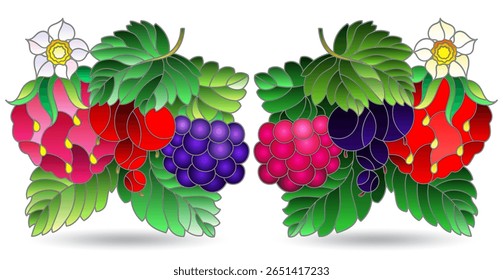 A set of stained glass illustrations with compositions of berries and leaves, isolated on a white background