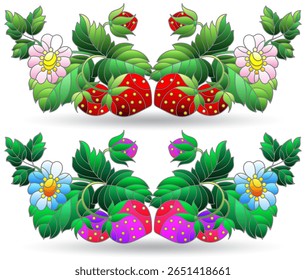 Um conjunto de ilustrações de vitrais com composições de bagas e folhas de morango, isoladas sobre um fundo branco