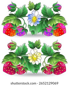 Um conjunto de ilustrações de vitrais com composições de bagas e folhas de morango, isoladas sobre um fundo branco