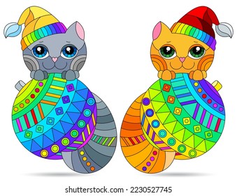 Un conjunto de ilustraciones de vidrio manchado con lindos gatos navideños, animales aislados en un fondo blanco