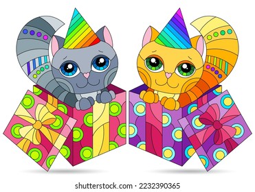 A set of stained glass illustrations with cute Christmas cats, animals isolated on a white background