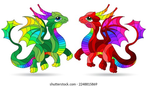A set of stained glass illustrations with cute cartoon dragons, animals isolated on a white background