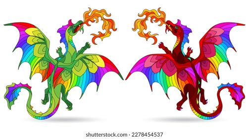 A set of stained glass illustrations with cute cartoon dragons, animals isolated on a white background