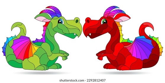 A set of stained glass illustrations with cute cartoon dragons, animals isolated on a white background