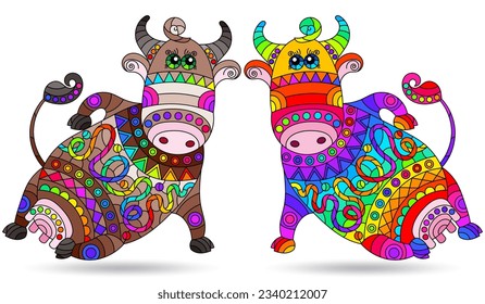 A set of stained glass illustrations with cute cartoon cows, animals isolated on a white background