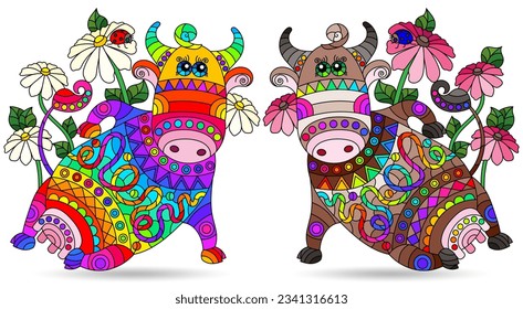 A set of stained glass illustrations with cute cartoon cows, animals isolated on a white background