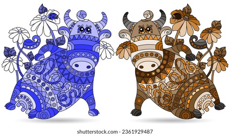 A set of stained glass illustrations with cute cartoon cows, animals isolated on a white background, tone blue and brown