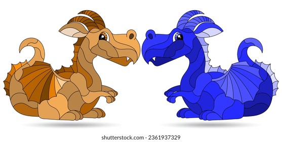 A set of stained glass illustrations with cute cartoon dragons, animals isolated on a white background, tone blue and brown