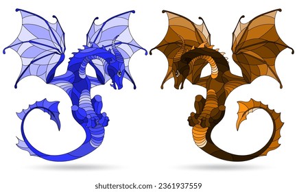 A set of stained glass illustrations with cute cartoon dragons, animals isolated on a white background, tone blue and brown