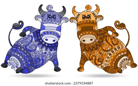 A set of stained glass illustrations with cute cartoon cows, animals isolated on a white background, tone blue and brown