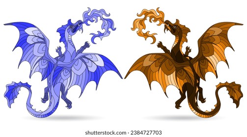 A set of stained glass illustrations with cute cartoon dragons, animals isolated on a white background, tone blue and brown