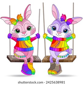 A set of stained glass illustrations with cute cartoon rabbits, animals isolated on a white background