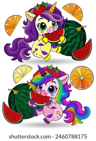 A set of stained glass illustrations with cute cartoon unicorns , animals isolated on a white background
