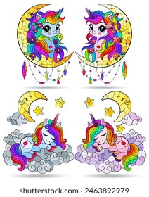 A set of stained glass illustrations with cute cartoon unicorns and the moon, animals isolated on a white background