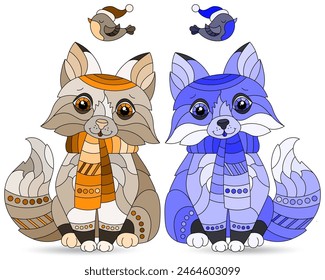 A set of stained glass illustrations with cute cartoon foxes, animals isolated on a white background, tone blue and brown