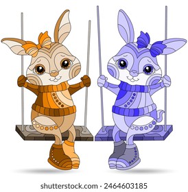 A set of stained glass illustrations with cute cartoon rabbits, animals isolated on a white background, tone blue and brown