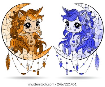 A set of stained glass illustrations with cute cartoon unicorns and the moon, animals isolated on a white background, tone blue and brown