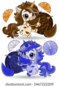 A set of stained glass illustrations with cute cartoon unicorns , animals isolated on a white background, tone blue and brown 