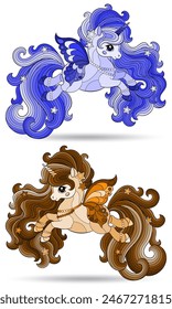 Un conjunto de ilustraciones de vidrieras con lindos unicornios de dibujos animados , animales aislados sobre un fondo blanco, tono azul y marrón