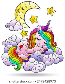 Set of stained glass illustrations with cute cartoon unicorn and the moon, animal isolated on a white background