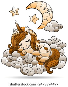 Set of stained glass illustrations with cute cartoon unicorn and the moon, animal isolated on a white background, tone brown