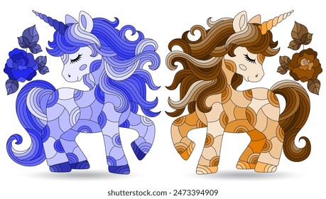 A set of stained glass illustrations with cute cartoon unicorns , animals isolated on a white background, tone blue and brown