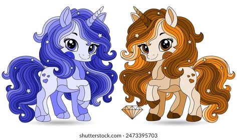 A set of stained glass illustrations with cute cartoon unicorns , animals isolated on a white background, tone brown and blue