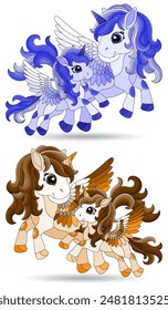 A set of stained glass illustrations with cute cartoon unicorns , animals isolated on a white background, tone blue and brown