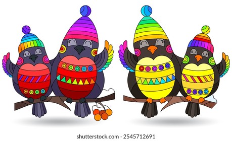 A set of stained glass illustrations with cute birds, animals isolated on a white background