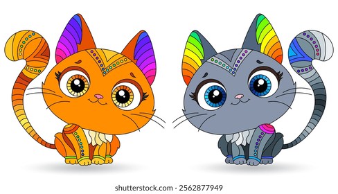 A set of stained glass illustrations with cute cartoon kittens, animals isolated on a white background